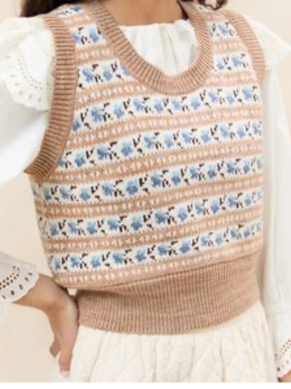 Loeffler Randall Beige and Blue Floral Knit Sweater Vest